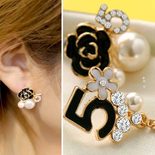 No. 5 Assemmetric Pearl & Black Enamel Rose Earrings - Image 8