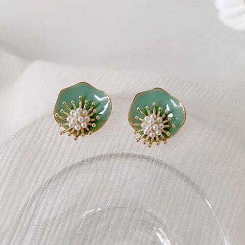 Lotus Leaf Abstract Pearl Flower Stud Earrings - Image 6