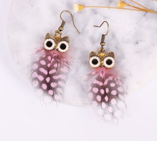 Who Knows? Handmade Owl Polka Dot Feather Earrings - Image 4