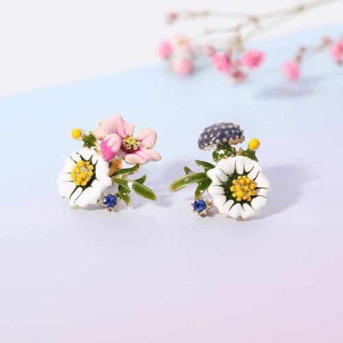 Asymmetrical French Flowers Enamel Hand-painted Earrings | Detailed Flower Earrings - Image 4