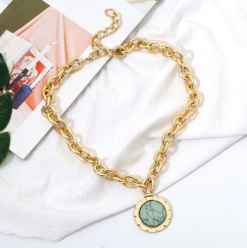 Best Teal Marble Medallion Pendant On Chunky Gold Chain Necklace - Image 2