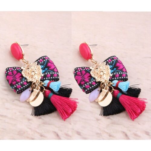 Pink & Blue Passementarie Bow Tie Lion's Head Tassel Earrings (Red, Black & Blue) - Image 2