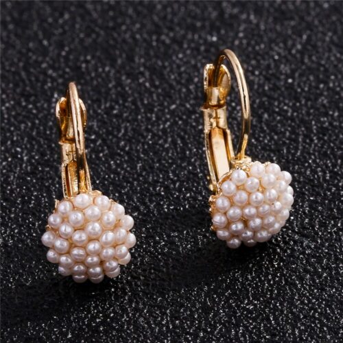 Dainty Elegant Pearl Bead Ear Gold Lever Back Earrings - Image 8
