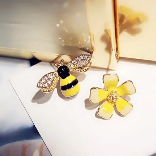 Yellow Bumble Bee & Flower Designer Stud Earrings - Image 5