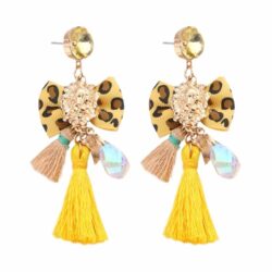 Passementarie Bow Tie Lion's Head Tassel Earrings (Yellow w/ Yellow Leopard & Cafe Tassels)