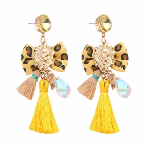 Passementarie Bow Tie Lion's Head Tassel Earrings (Yellow w/ Yellow Leopard & Cafe Tassels)