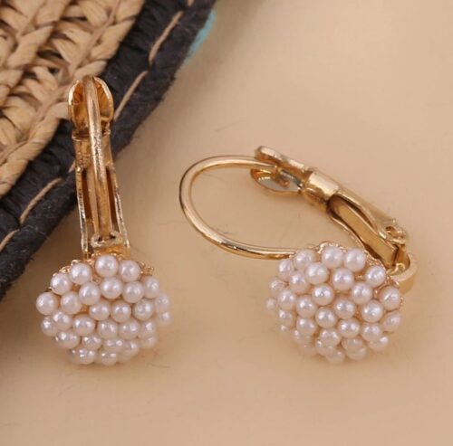 Dainty Elegant Pearl Bead Ear Gold Lever Back Earrings - Image 4