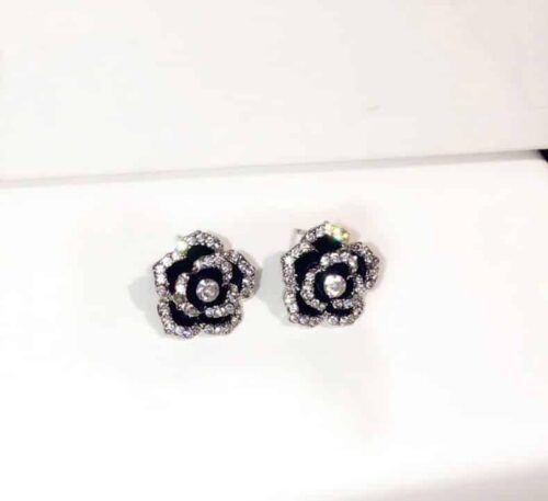 Camellia Earrings, Flower Earrings w/ Rhinestones - Image 2