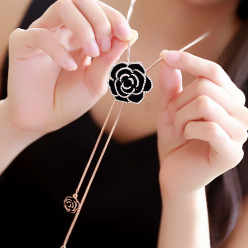 Elegant Front Adjustable Enamel Camellia Flower Necklace Bolo Style - Image 3