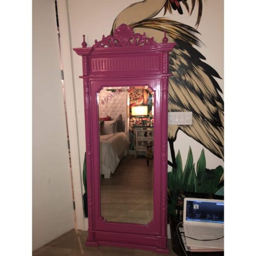 Hot Pink Lacquered Hand-Carved Solid Mahogany Floor Mirror - Image 8