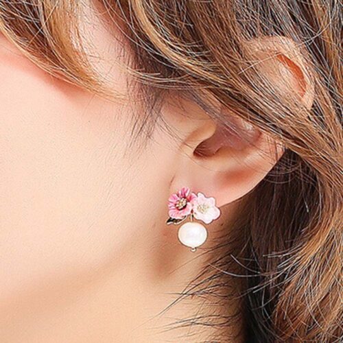 Hand-painted Vintage Flower Pearl Stud Earrings - Image 5