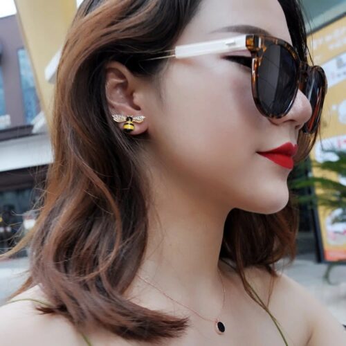 Yellow Bumble Bee & Flower Designer Stud Earrings - Image 8