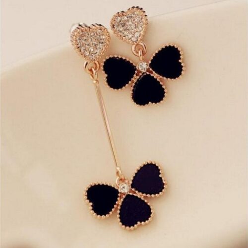 Asymmetrical Crystal Heart Stud Earrings w/ Clover Dangles | Heart Earrings | Clover Earrings - Image 2