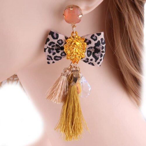 Passementarie Bow Tie Lion's Head Tassel Earrings (Mustard Tassel & Cafe BrownLeopard) - Image 2