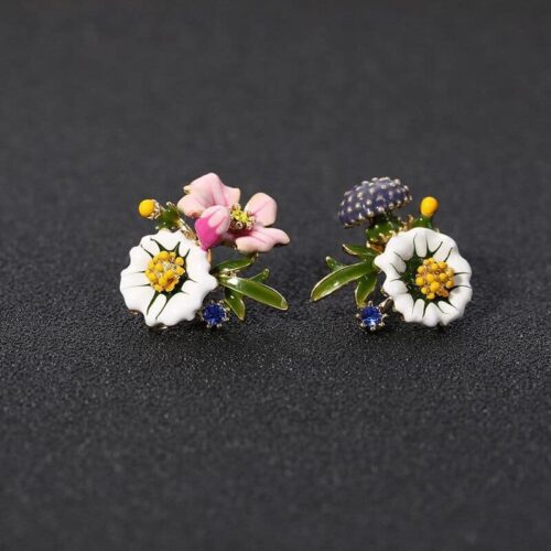 Asymmetrical French Flowers Enamel Hand-painted Earrings | Detailed Flower Earrings - Image 6
