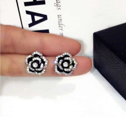 Camellia Earrings, Flower Earrings w/ Rhinestones - Image 3