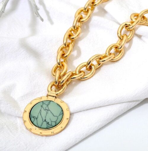 Best Teal Marble Medallion Pendant On Chunky Gold Chain Necklace - Image 3