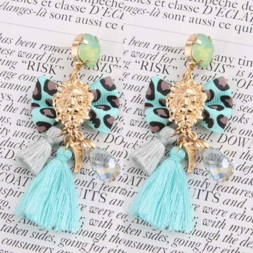 Passementarie Bow Tie Lion's Head Tassel Earrings (Ocean Blue w/ Blue Leopard & Lt. Gray Small Tassel) - Image 2