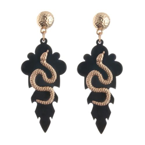 Gold Etched Diamond-Back Snake Earrings On Modern Medallion Crest