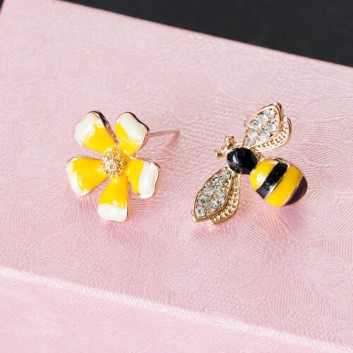 Yellow Bumble Bee & Flower Designer Stud Earrings - Image 3
