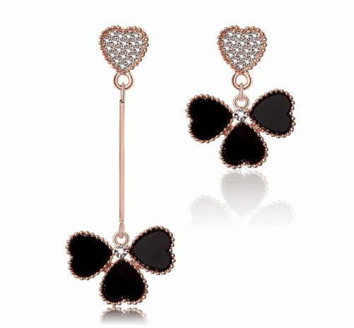Asymmetrical Crystal Heart Stud Earrings w/ Clover Dangles | Heart Earrings | Clover Earrings