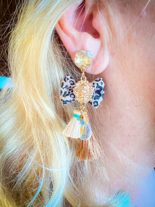 Passementarie Bow Tie Lion's Head Tassel Earrings (Light Cream/Yellow, Brown Leopard & Blush Pink) - Image 2