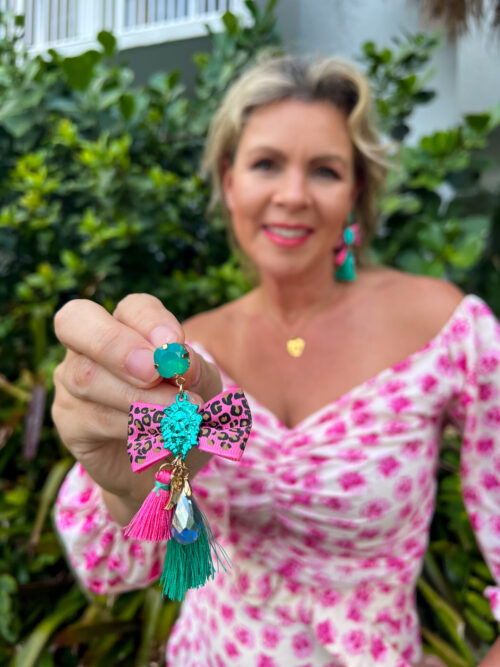 Passementarie Bow Tie Lion's Head Medallion Tassel Earrings (Teal, Pink Leopard) - Image 4