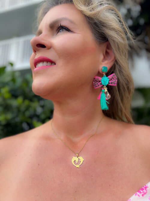 Passementarie Bow Tie Lion's Head Medallion Tassel Earrings (Teal, Pink Leopard) - Image 7