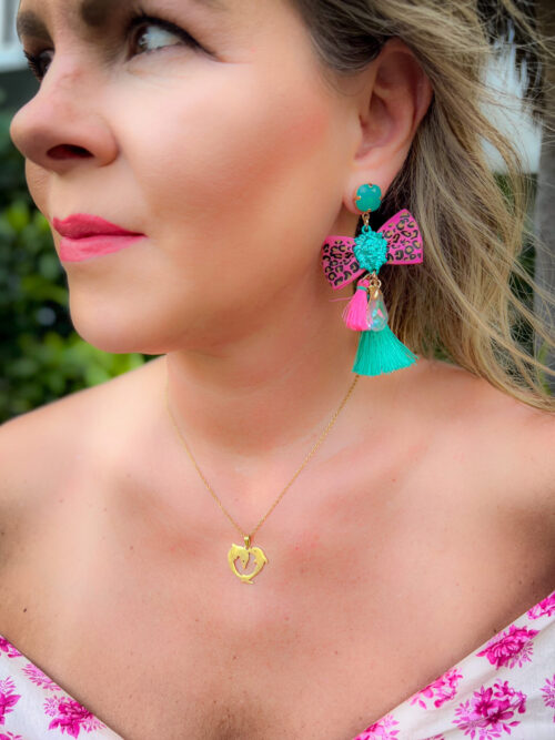 Passementarie Bow Tie Lion's Head Medallion Tassel Earrings (Teal, Pink Leopard) - Image 2