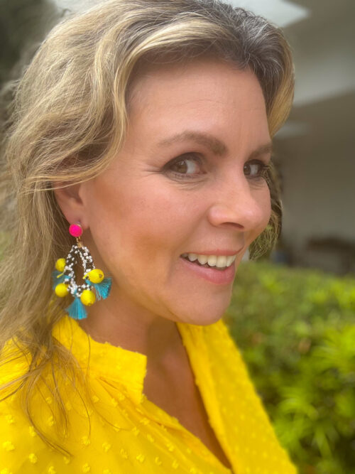 Handmade Loop Bead Tassel Earrings Contemporary Boho Earrings Teal Pink Yellow Beaded Teardrop Earrings - Image 2