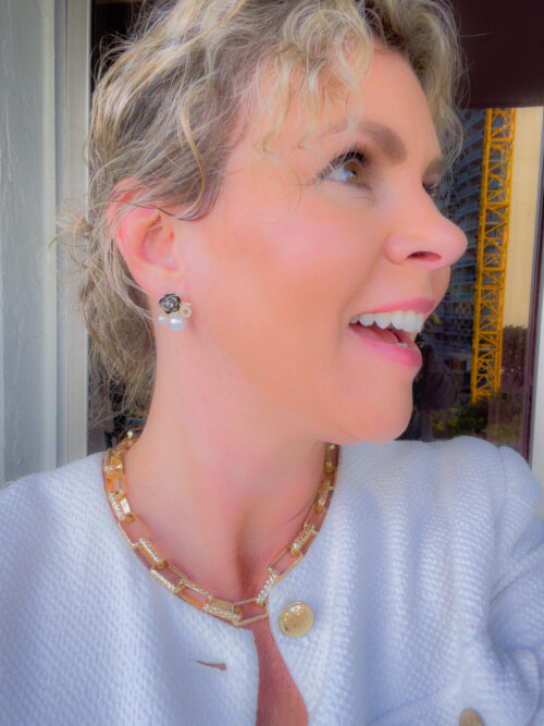 No. 5 Assemmetric Pearl & Black Enamel Rose Earrings - Image 3