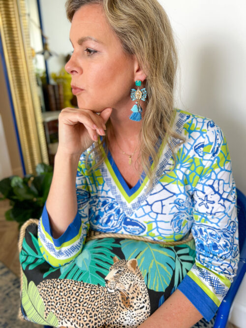 Blue Leopard Bow Tie Lion's Head Blue Tassel Earrings - Image 2