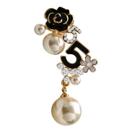 No. 5 Assemmetric Pearl & Black Enamel Rose Earrings