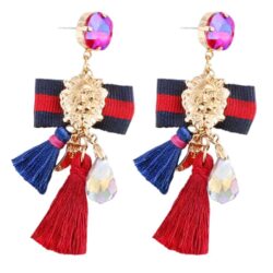 Passementarie Bow Tie Lion's Head Medallion Tassel Earrings (Navy & Burgundy Stripe)