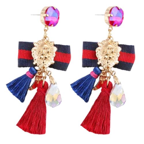 Passementarie Bow Tie Lion's Head Medallion Tassel Earrings (Navy & Burgundy Stripe)