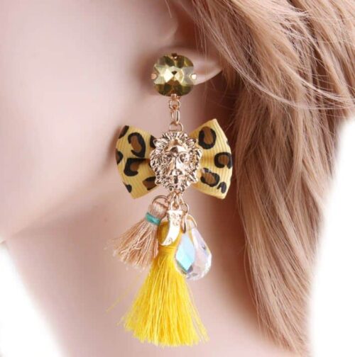 Passementarie Bow Tie Lion's Head Tassel Earrings (Yellow w/ Yellow Leopard & Cafe Tassels) - Image 2