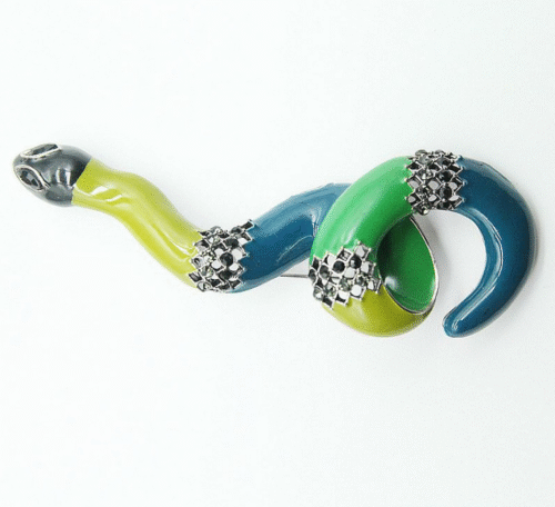 Art Deco Multi-Colored Snake Brooch w/ Black Rhinestones - Image 2