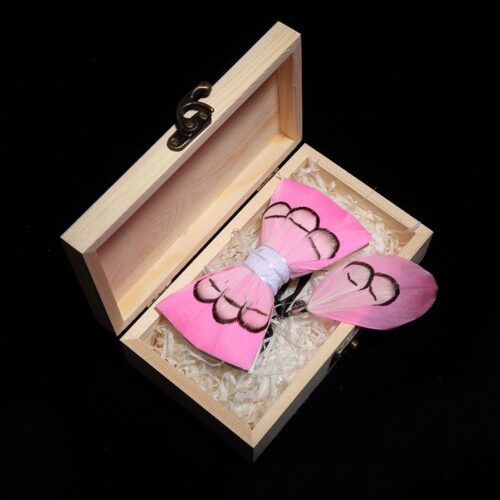 Miami Vice Pink Feather Handmade Luxury Bow Tie w/ Wooden Box - Image 2