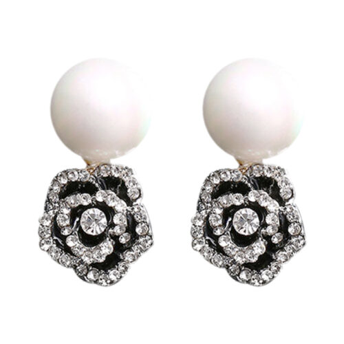 Rose Flower Crystal & Pearl Stud Earrings