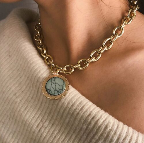 Best Teal Marble Medallion Pendant On Chunky Gold Chain Necklace - Image 9