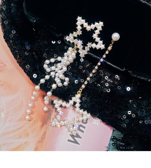 Falling Stars | Asymmetrical Pearl Star Earrings New Year Earrings - Image 12
