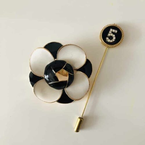 No. 5 Pin w/ Black & White Camellia Flower Brooch - Image 8