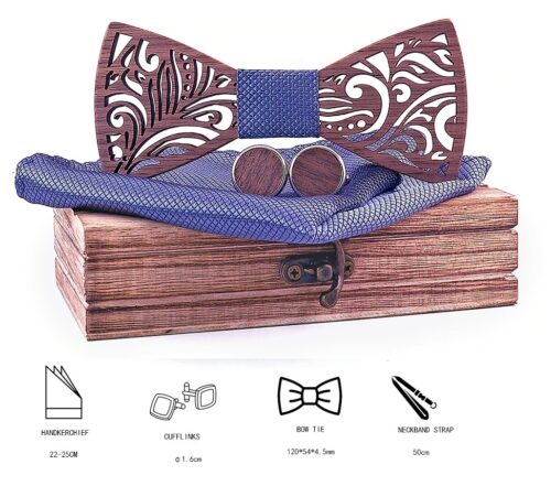 Paisley Wooden Bow Tie Gift Set w/ Cufflinks, Pocket Square - Image 2