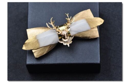 Gold Deer Head Men's Bird Fowl Feather Bow Tie - Image 2