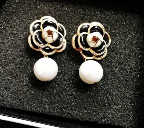 Designer Camellia Flower Stud Enamel Earring With Pearl Drop - Image 2