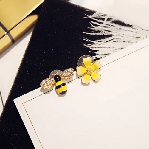 Yellow Bumble Bee & Flower Designer Stud Earrings - Image 6