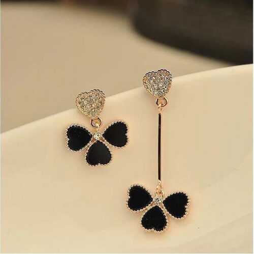 Asymmetrical Crystal Heart Stud Earrings w/ Clover Dangles | Heart Earrings | Clover Earrings - Image 3