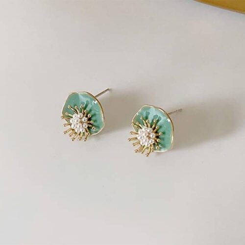 Lotus Leaf Abstract Pearl Flower Stud Earrings - Image 2