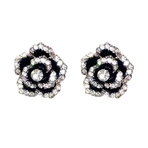 Camellia Earrings, Flower Earrings w/ Rhinestones