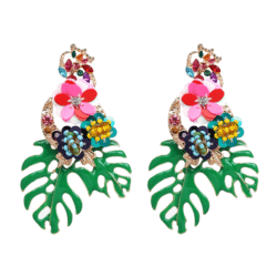 Beautiful #1 Art Deco Enamel Palm Leaf Rhinestone Flower Earrings